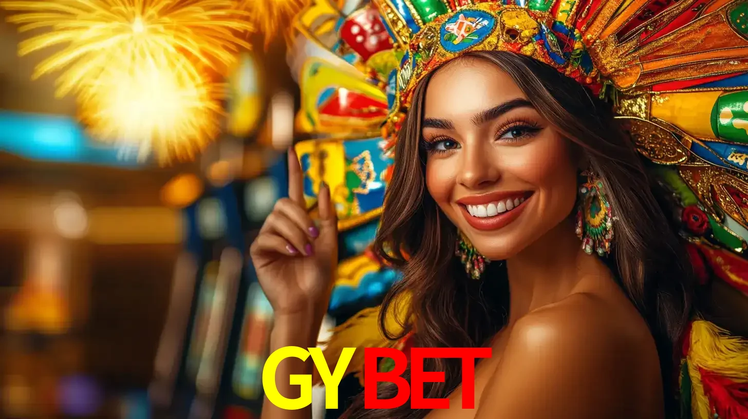 Mulher sorridente com um cocar de carnaval vibrante e colorido, celebrando uma grande vitória nos jogos do cassino GYBET com fogos de artifício ao fundo.