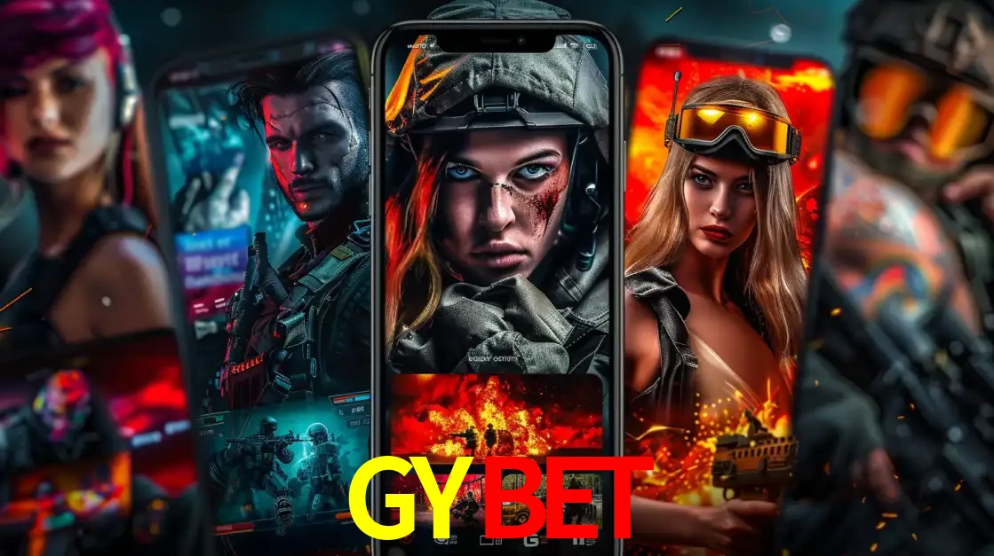 Montagem de telas de celular mostrando diversos personagens, masculinos e femininos, de um jogo de tiro, ilustrando a diversidade de equipes de e-sports para apostar no GYBET.