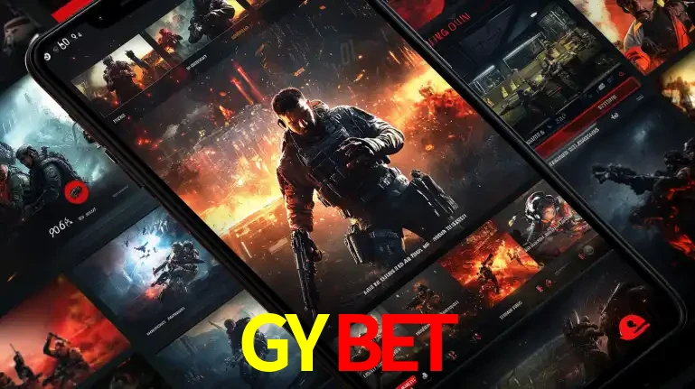 Tela de um celular exibindo uma galeria de jogos de tiro com temática militar, mostrando a variedade de e-sports disponíveis para apostas na plataforma de entretenimento GYBET.