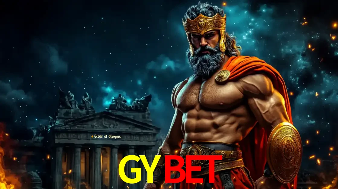O poderoso Zeus do jogo de slot Gates of Olympus em frente ao seu templo, pronto para lançar multiplicadores divinos e prêmios épicos no cassino online GYBET.