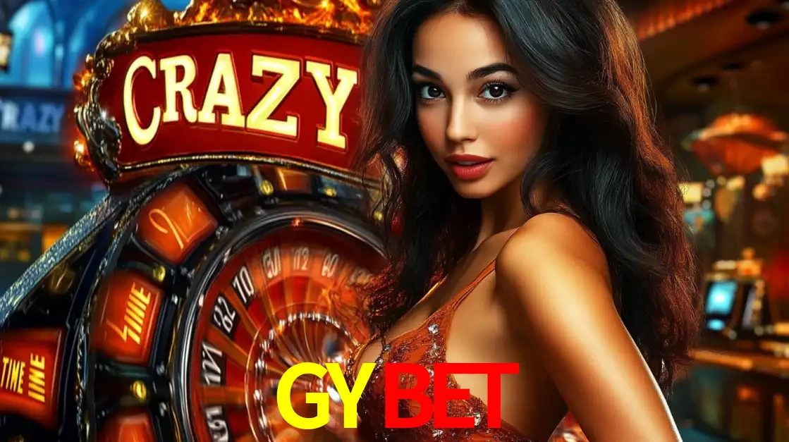 Mulher glamourosa olhando para a câmera com a roda vermelha do Crazy Time ao fundo em um ambiente de cassino, destacando a emoção dos jogos ao vivo no GYBET.