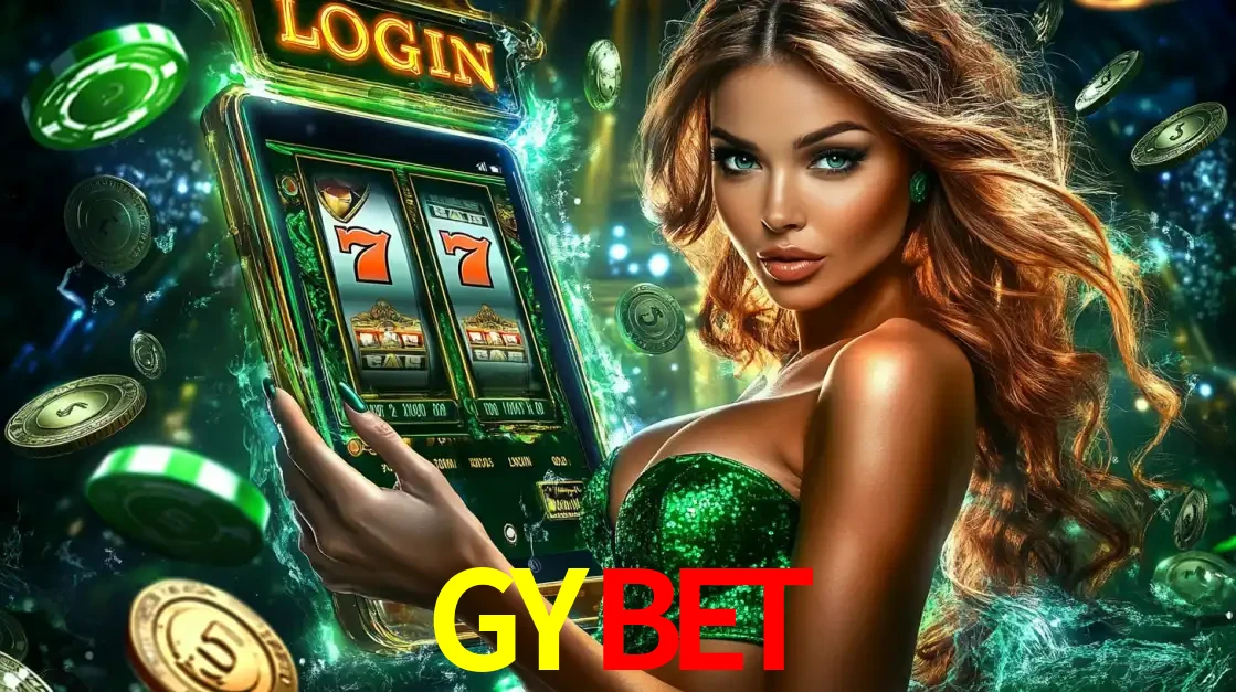 Mulher com tema verde apresentando o aplicativo do cassino GYBET com um jogo de slot de 777, cercada por fichas de cassino e uma aura de sorte.
