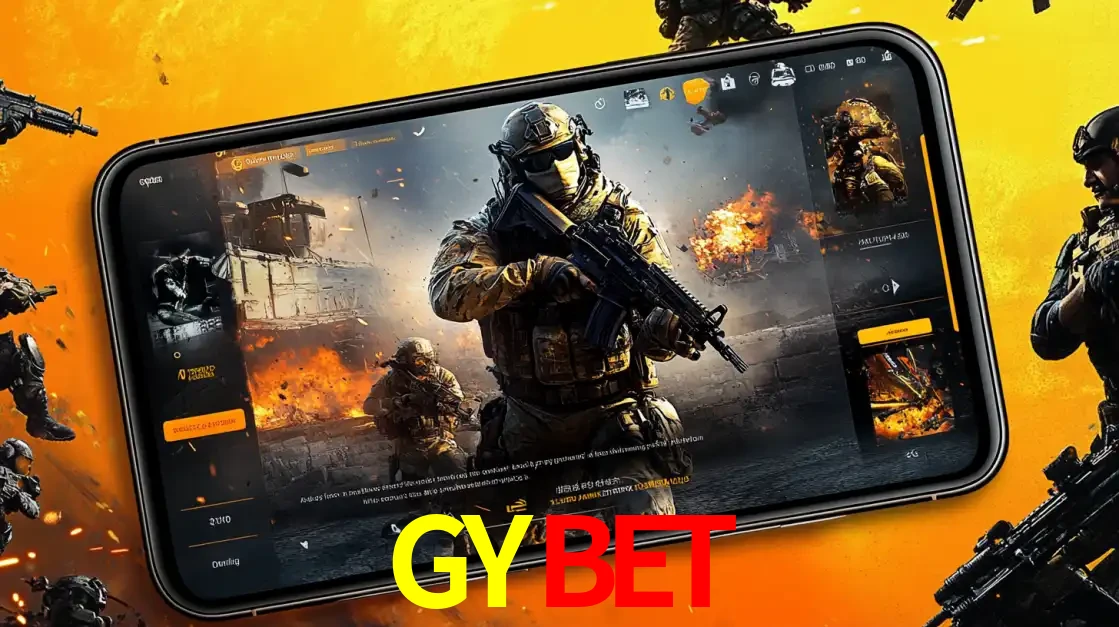 Um smartphone exibindo a interface de um jogo de tiro em primeira pessoa, com um soldado em um cenário de batalha, representando a ação dos e-sports para apostar no GYBET.