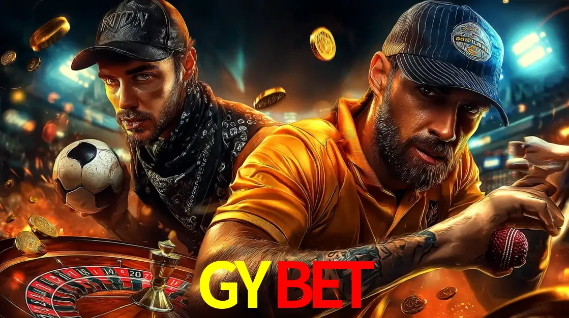 Montagem de apostas esportivas e cassino no GYBET, com um homem segurando uma bola de futebol e outro uma de beisebol sobre uma roleta e moedas voadoras.