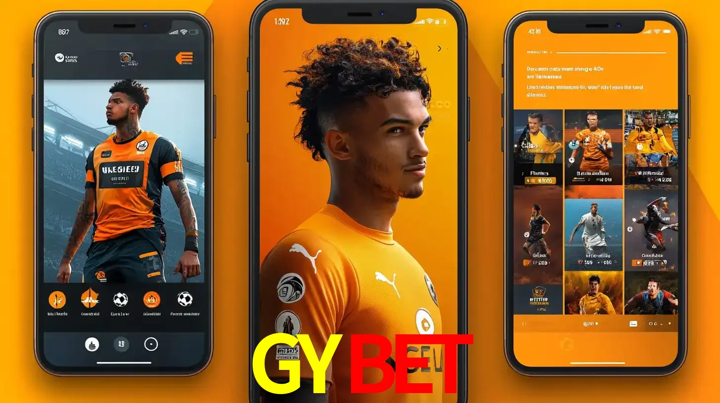 Interface do aplicativo de apostas esportivas GYBET em três telas de celular, mostrando o perfil de um jogador de futebol e a lista de jogos disponíveis para apostar.