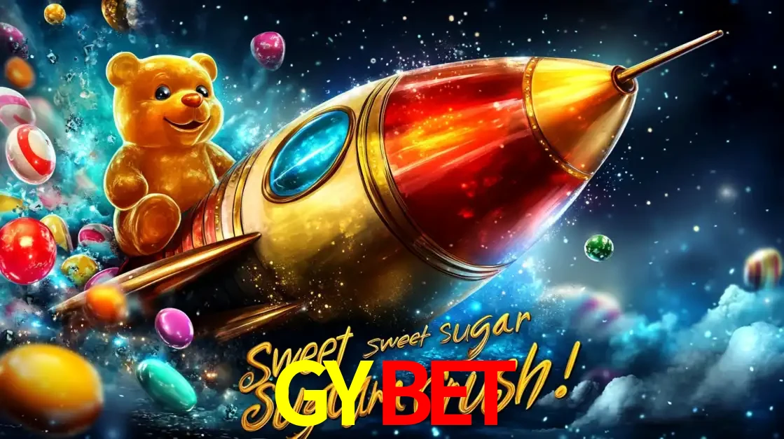 Arte promocional do jogo de slot Sugar Rush, com um urso de pelúcia em um foguete viajando pelo espaço de doces, um dos jogos divertidos disponíveis no cassino GYBET.