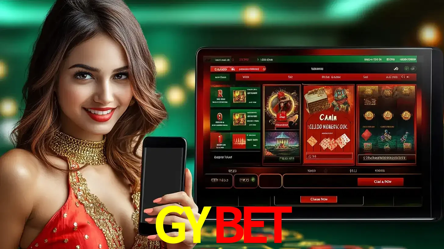 Mulher sorridente segurando um smartphone, ao lado de uma tela exibindo o lobby de jogos do cassino online GYBET, com várias opções de jogos de cartas e slots.